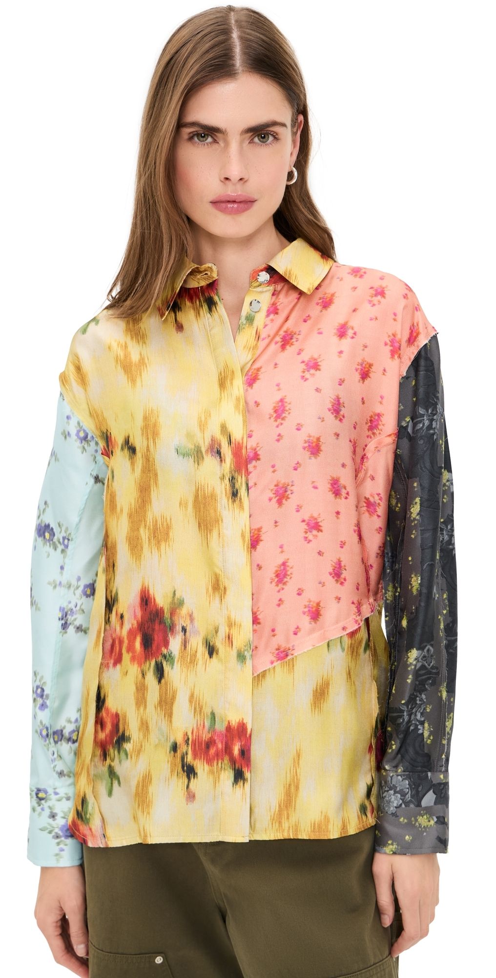 GANNI Multi Printed Silk Twill Long Sleeve Shirt Iced Aqua 36