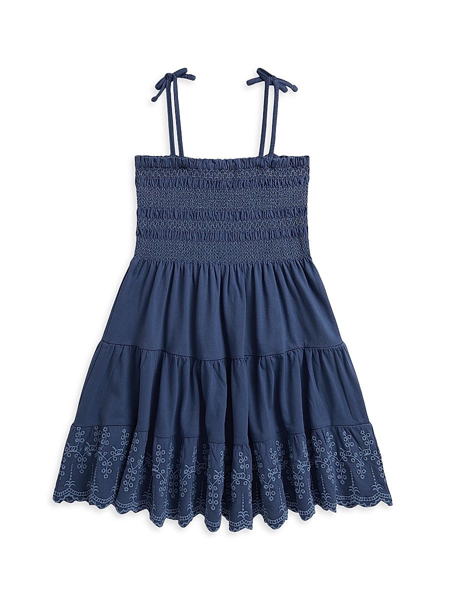 Little Girl's & Girl's Smocked Eyelet Jersey Dress - Earth Blue - Size 7