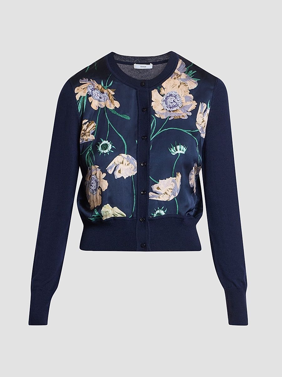 Women's Flower Cropped Cardigan - Navy - Size Medium