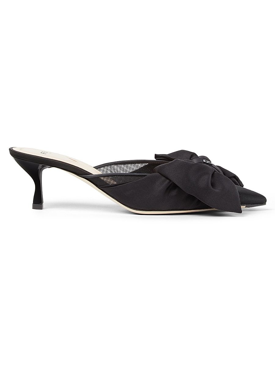 Women's Sabot 55MM Bow-Detail Satin Kitten Mules - Nero - Size 12