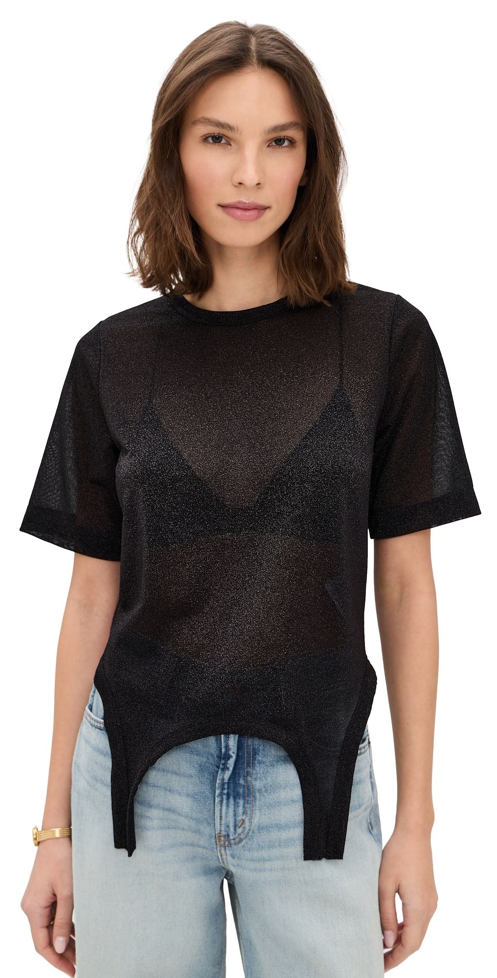 MEIMEIJ Short Sleeve Metallic Faux Bodysuit Top Nero Metallic 40