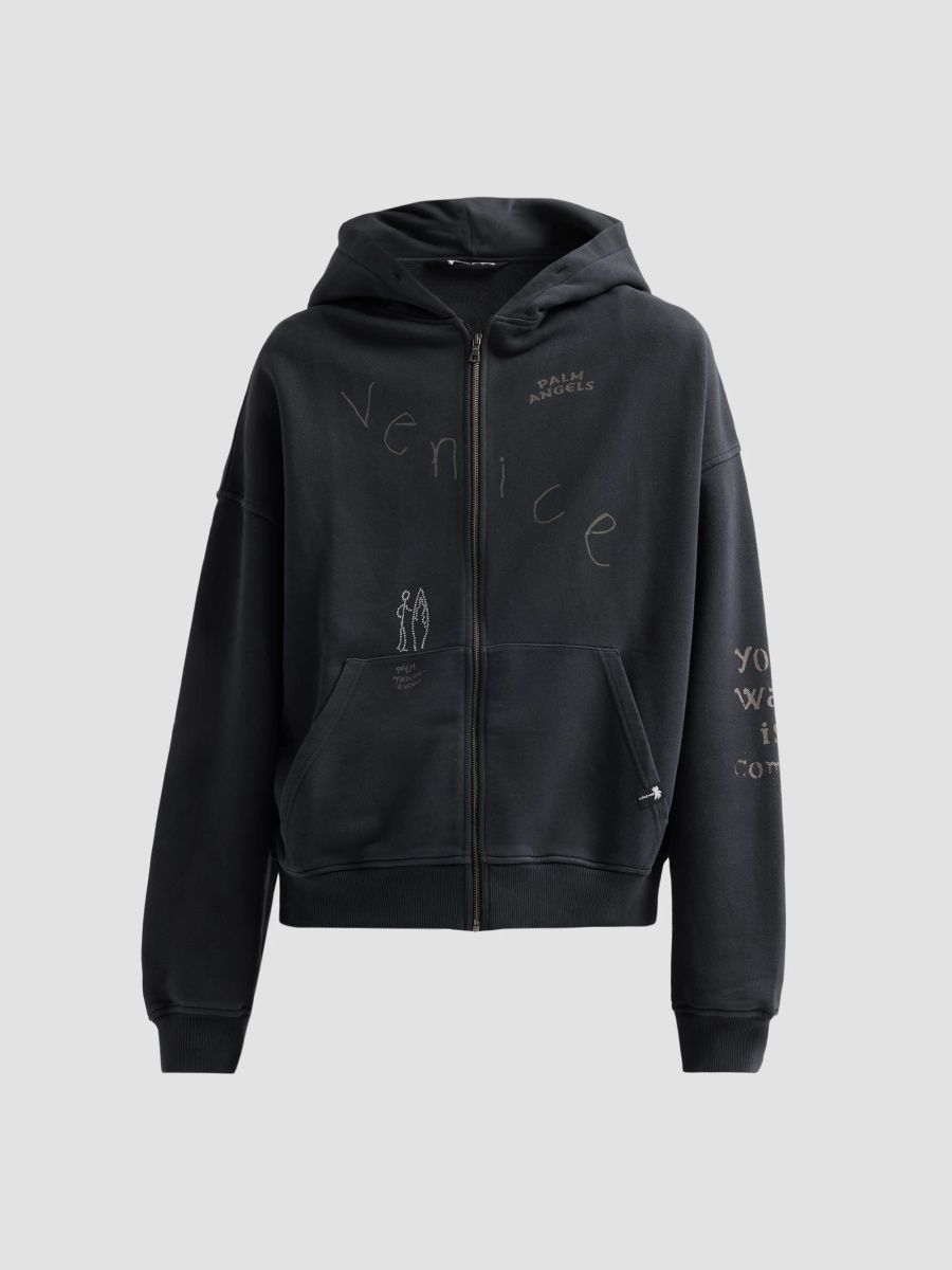 Palm Angels Men's Surfer Dream Loose Full-Zip Hoodie - Anthracite Black - Size Large