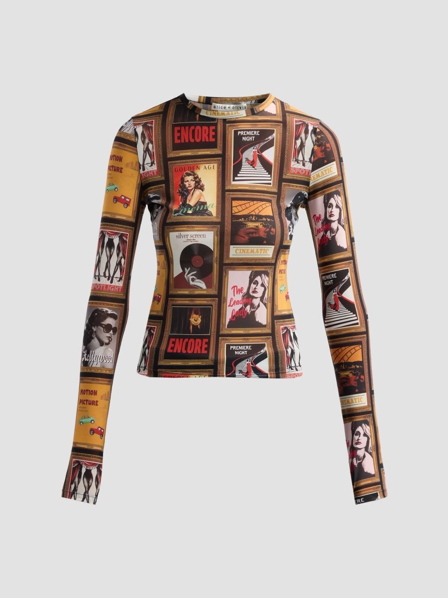 ALICE + OLIVIA Women's Delaina Printed Long-Sleeve Crewneck Top - Silver Screen - Size XL