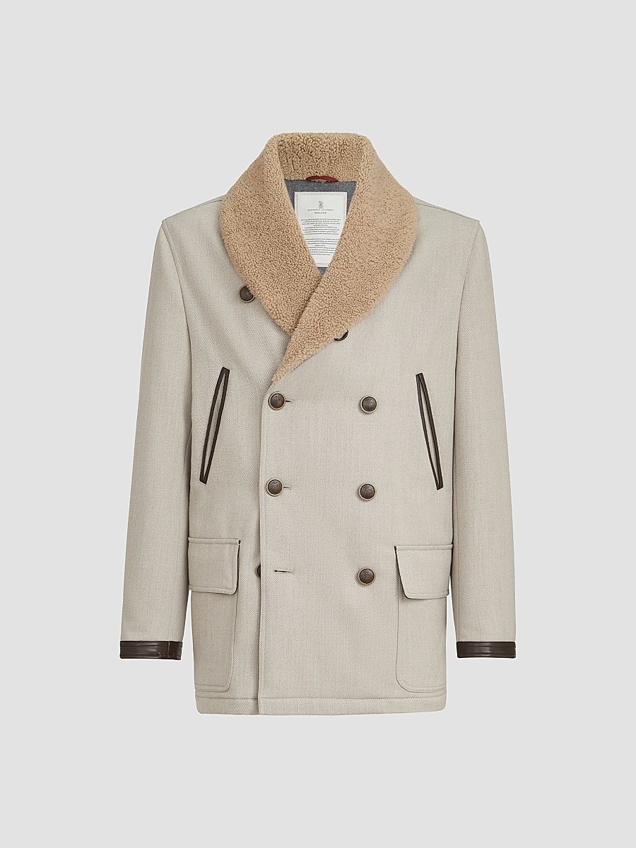 Men's Wool and Cashmere Cavalry Coat with Shearling Collar - Grey - Size 48