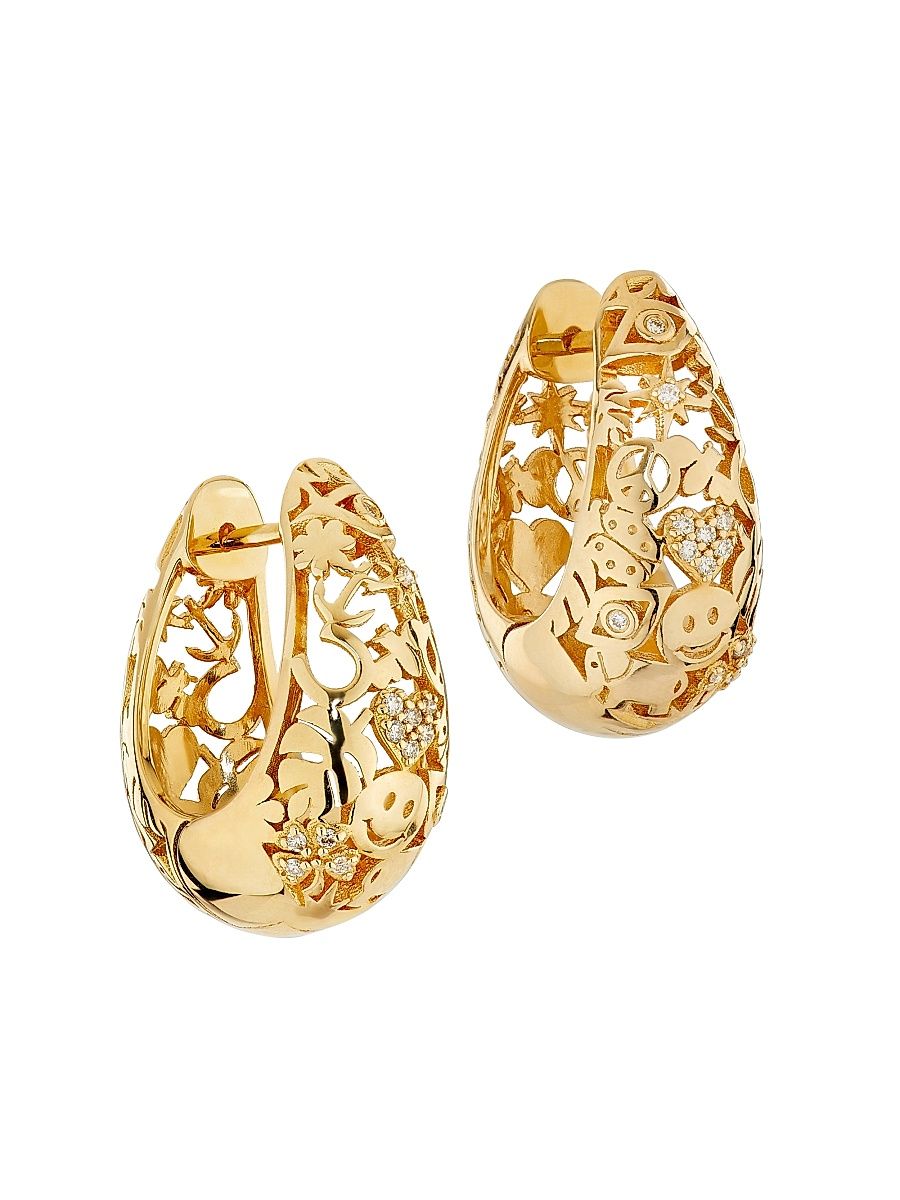 Women's Icon Wallpaper 14K Yellow Gold & 0.11 TCW Diamond Domed Huggie Earrings - Yellow Gold