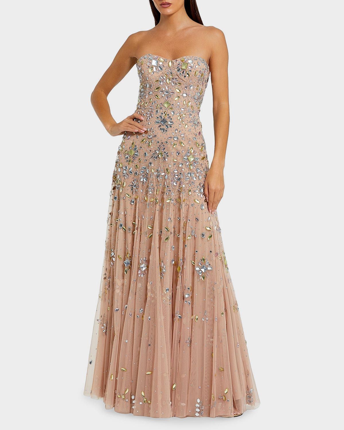 Crystal-Embellished Mesh Strapless Gown