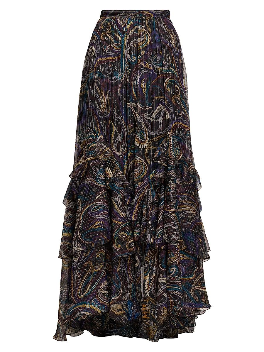 Women's Paisley Metallic Silk Maxi Skirt - Printed Black Base - Size 10