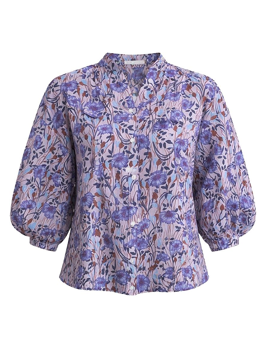 Women's Daphne Floral Cotton-Silk Blouse - Iris Multi - Size Large
