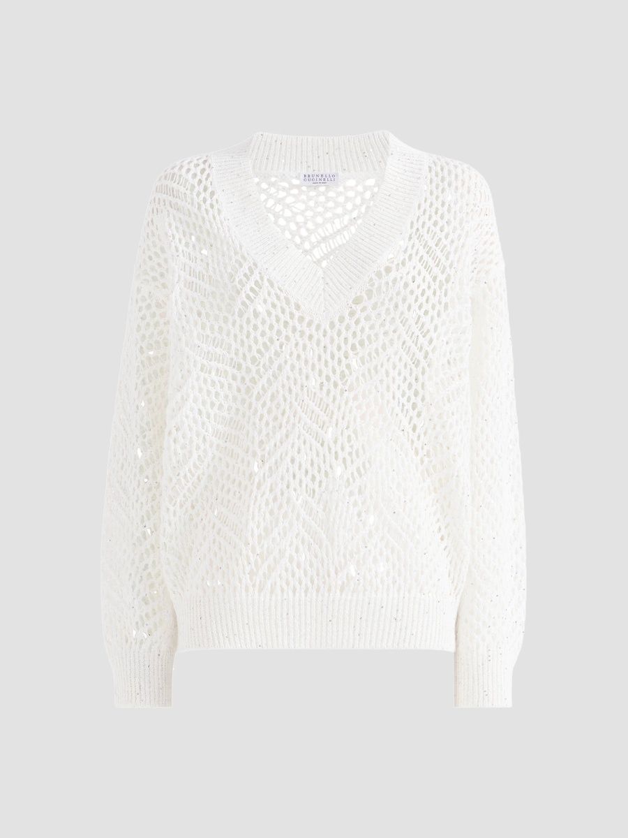 Brunello Cucinelli Women's Dazzling Abstract Leaf Sweater in Linen - White - Size XXL