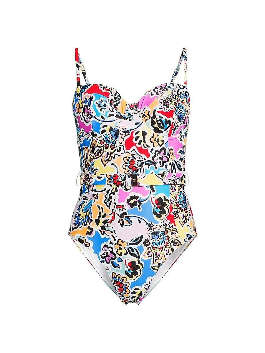 Women's Rainbow Oasis Floral Belted One-Piece Swimsuit - Black Multi - Size Large