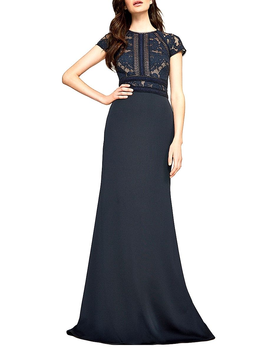 Women's Floral Embroidered Crepe Gown - Navy Beige - Size 16