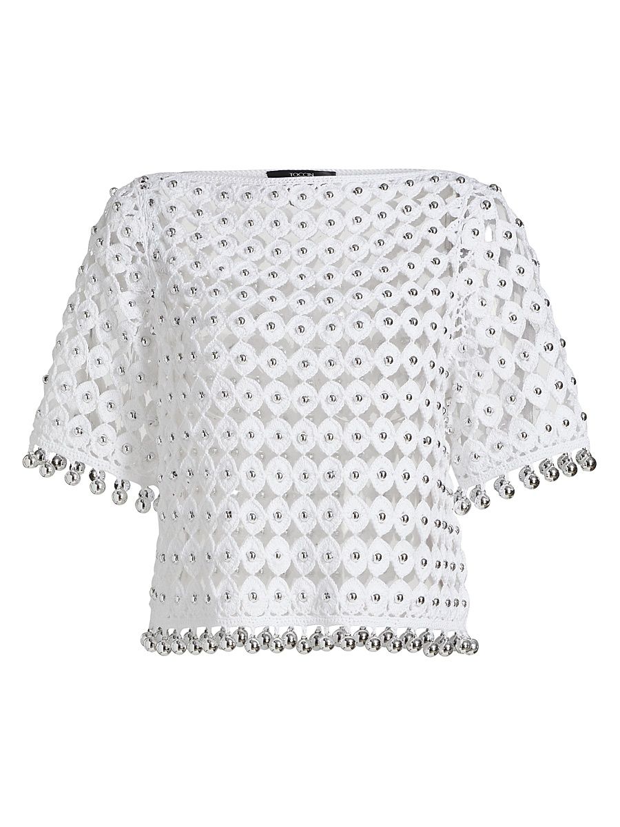 Women's Coco Beaded Cotton Boatneck Top - Optic Silver - Size Large