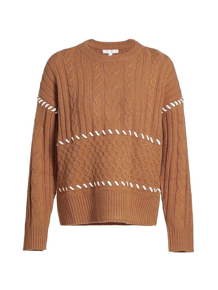 Women's Cable-Knit Whipstitch Sweater - Antique Oak Combo - Size Small