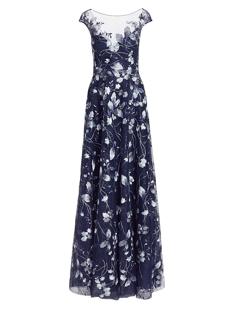 Women's Embroidered Mesh Gown - Navy Silver - Size 12