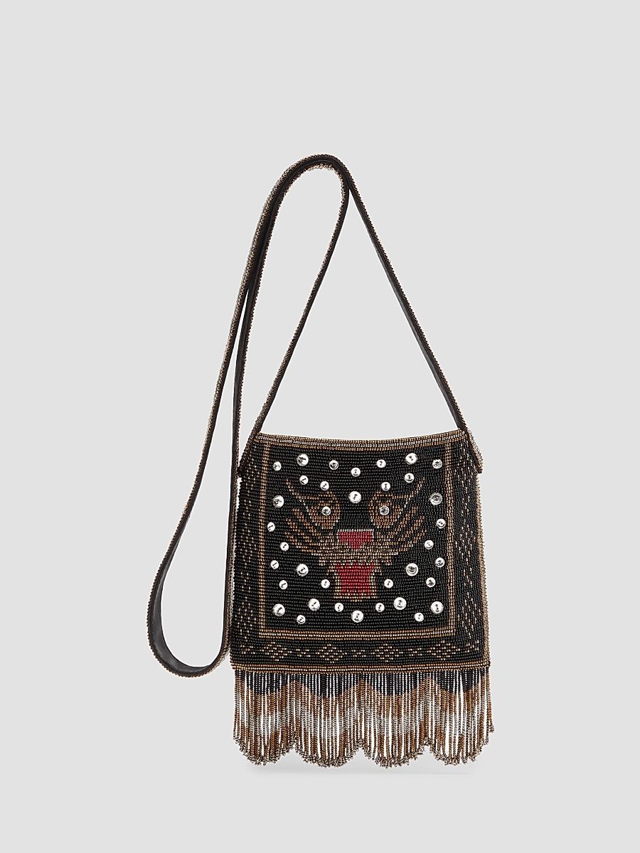 Women's Nellcote Small Embroidered Shoulder Bag with Fringes - Black
