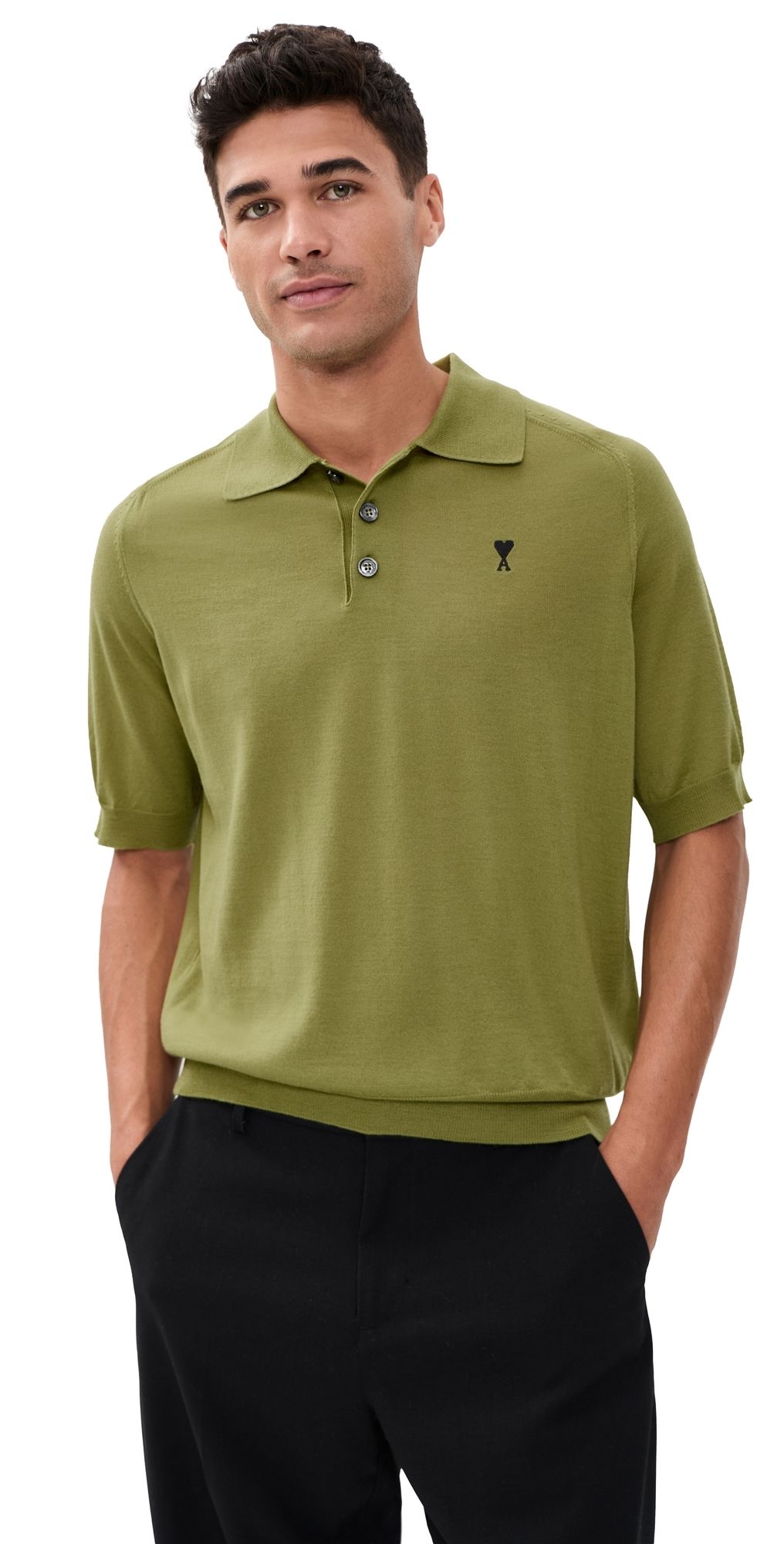 AMI Short Sleeve Sweater Polo Matcha/Noir L