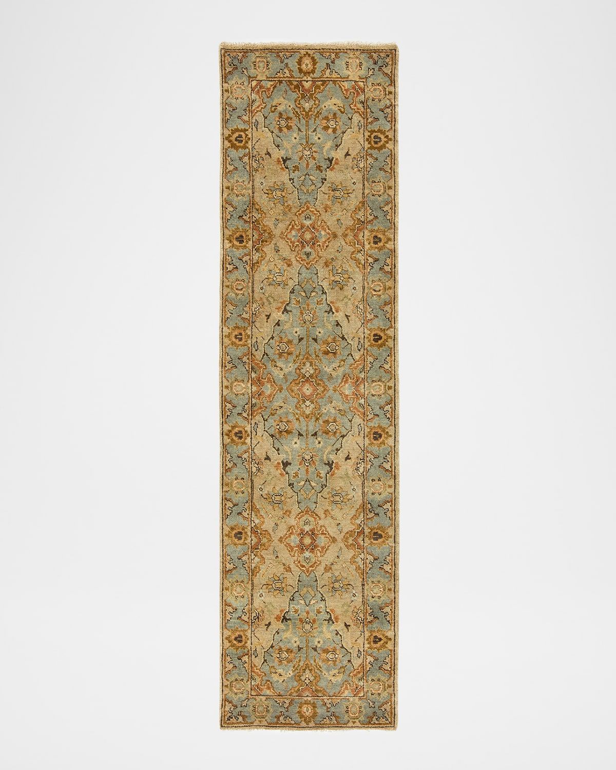 Damask on Blue Hand-Knotted Oushak Rung