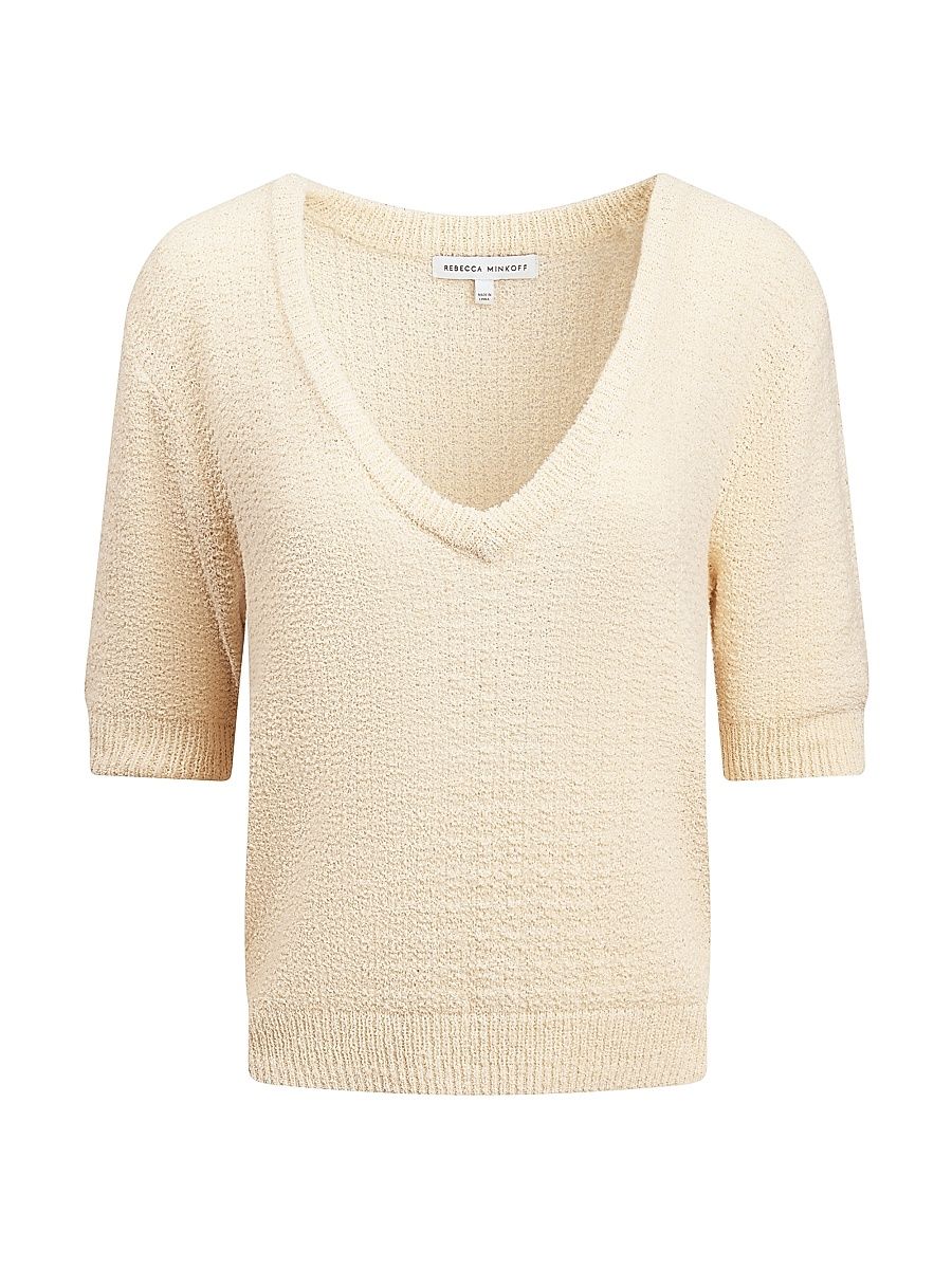 Women's Audrey Bouclé V-Neck Short-Sleeve Sweater - Chalk - Size Large