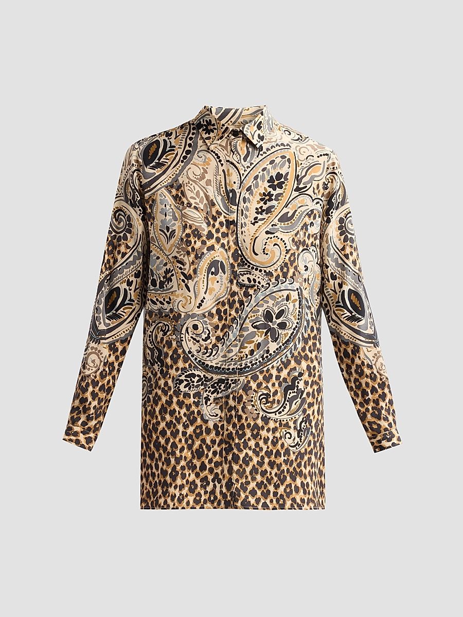 Women's Pasiley Leopard Print Silk Shirt - Printed Beige - Size 14