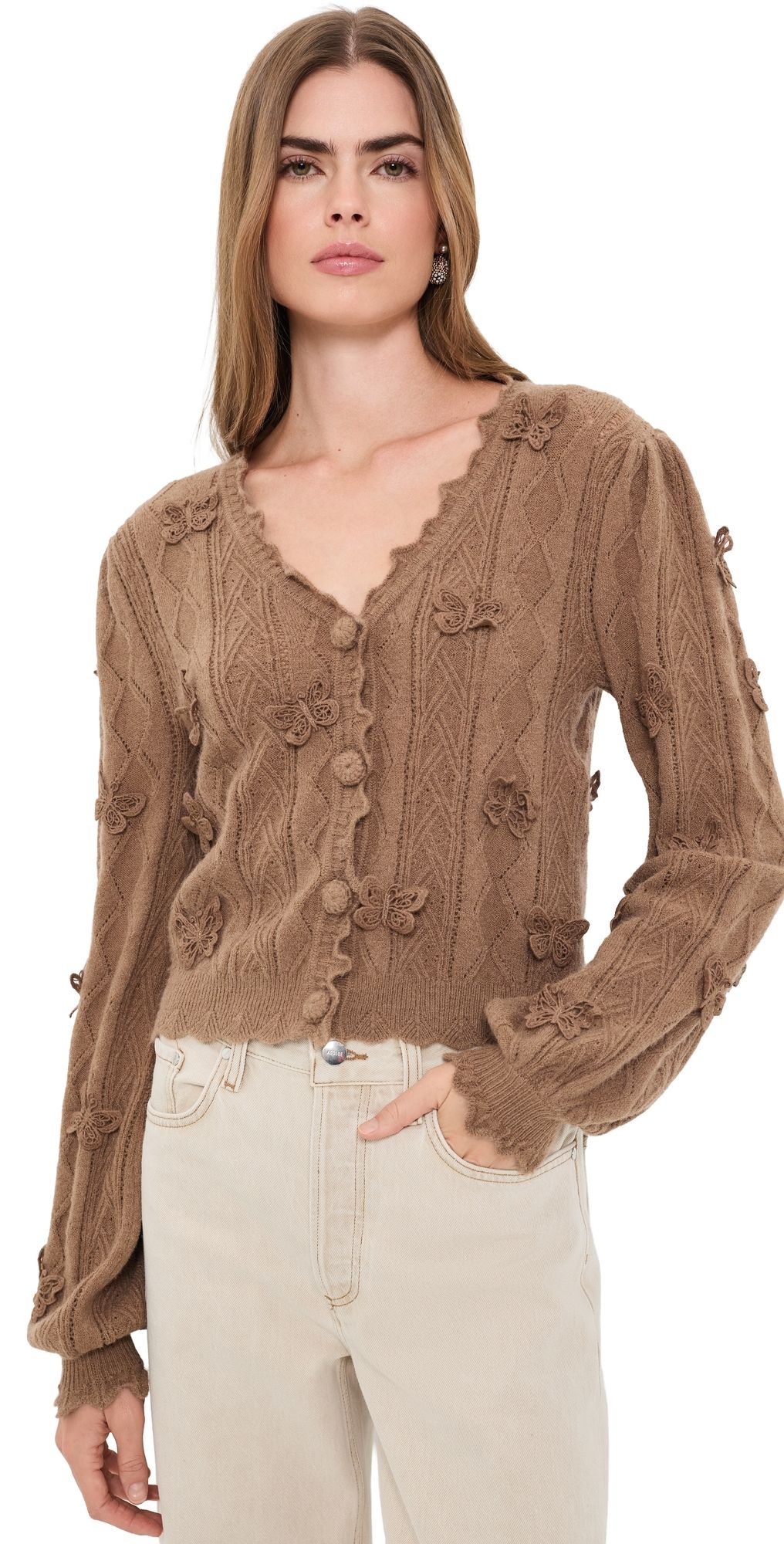 FARM Rio Richilieu Butterflies Artisanal Knit Cardigan Sand L