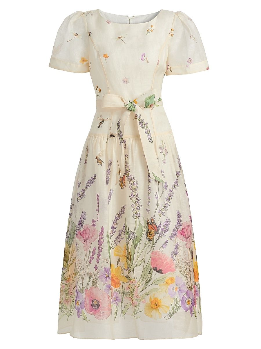 Women's Floral-Print Linen-Silk Midi-Dress - Ivory Multi - Size 14