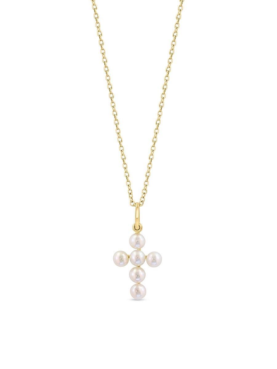 Women's 18K Yellow Gold & Cultured Freshwater Pearl Cross Pendant Necklace - Yellow Gold