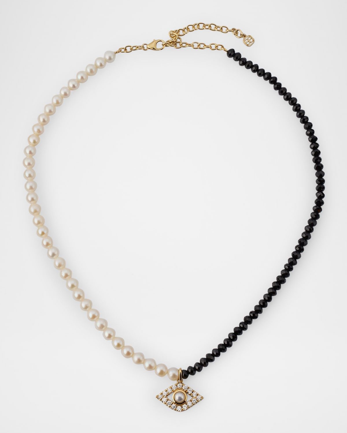 XL Pearl and Black Spinel Beaded Necklace with Diamond Evil Eye Charm
