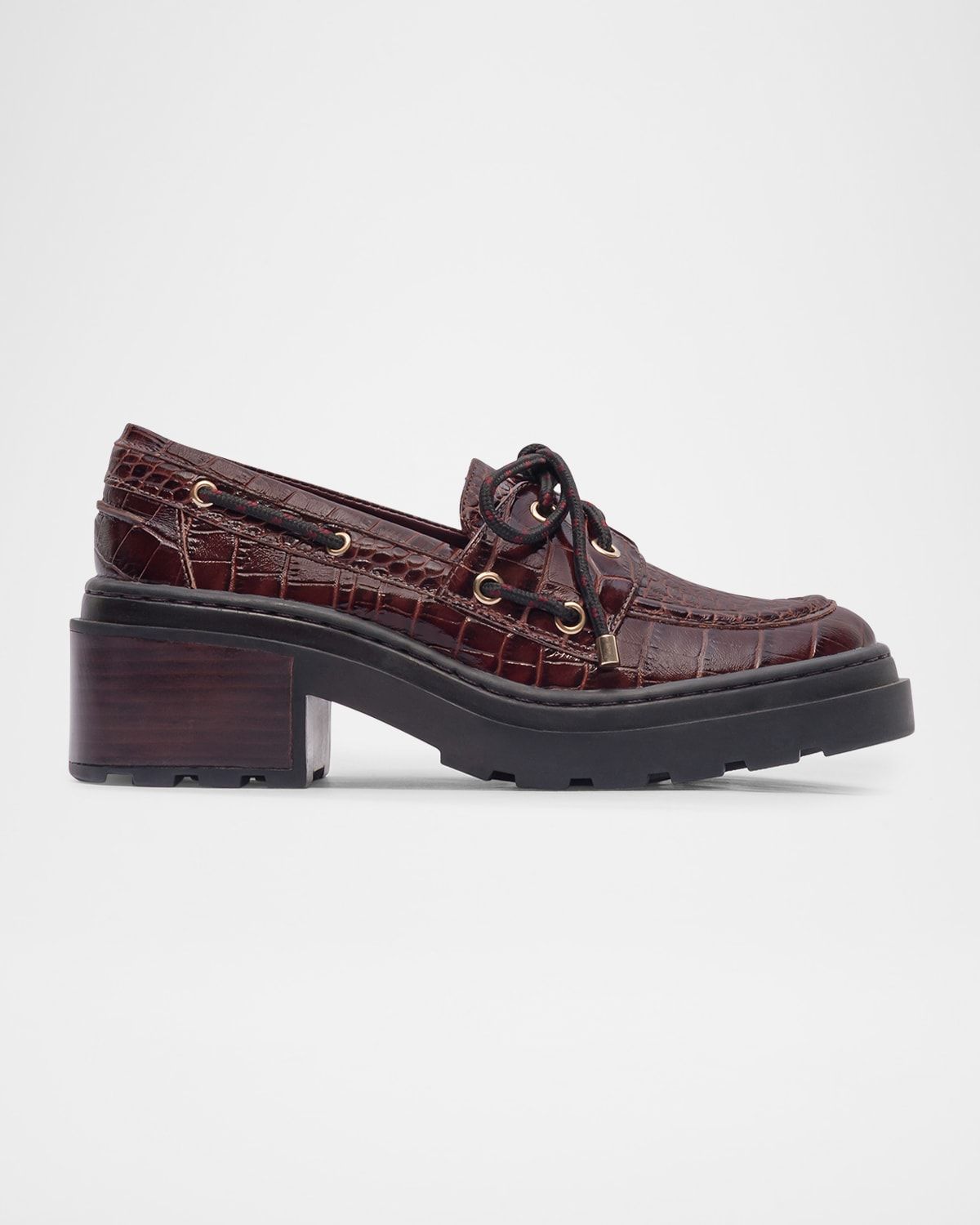 Nico Croc-Embossed Leather Lug-Sole Boat Loafers