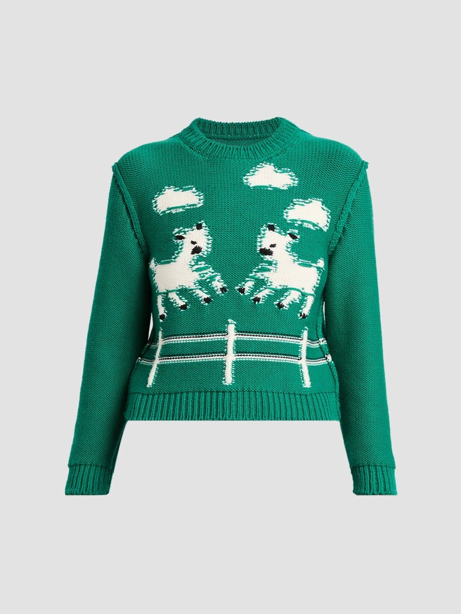 Moschino Women's Sheep Jacquard Wool Crewneck Sweater - Multi Green - Size 6