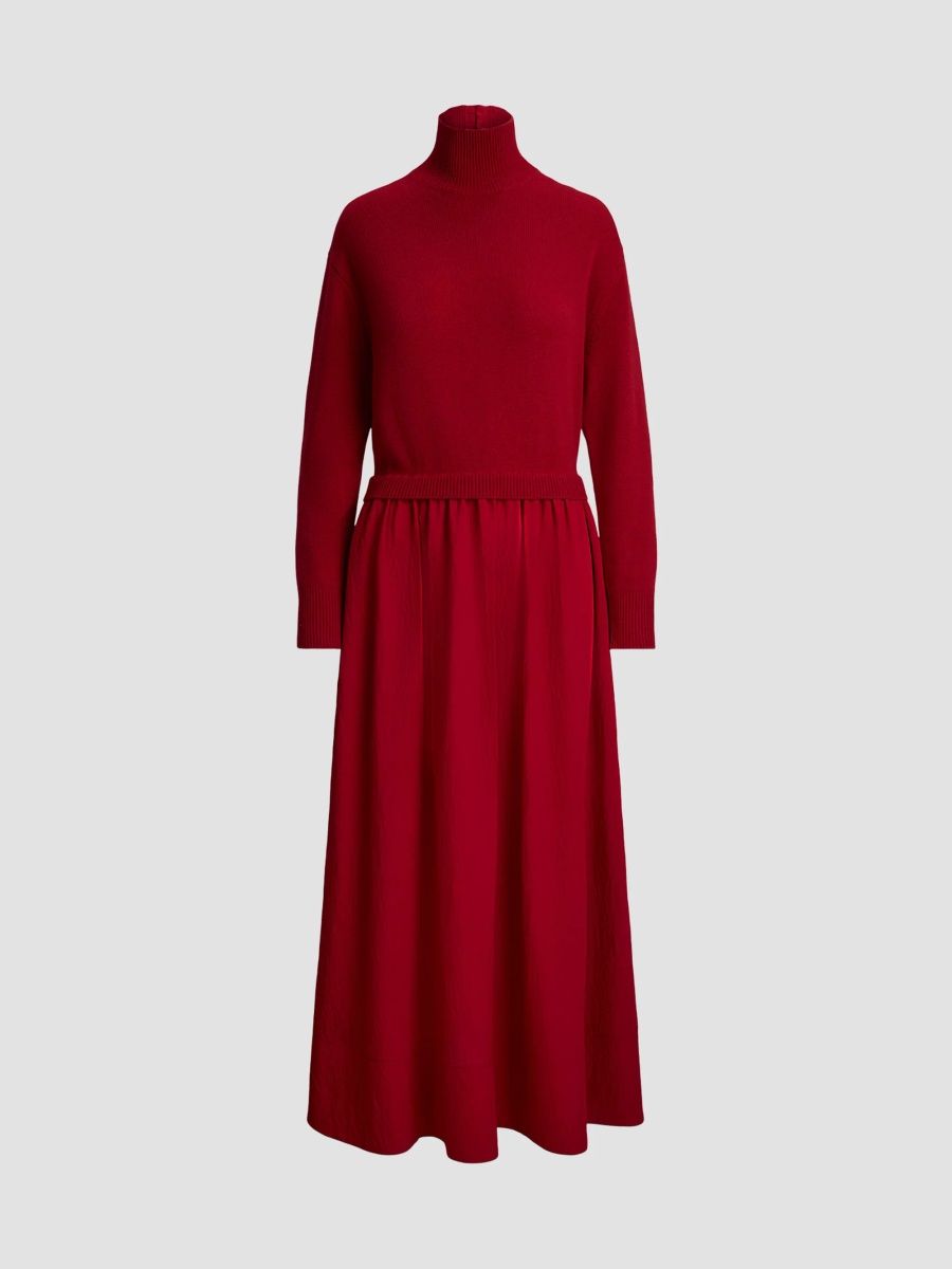 Polo Ralph Lauren Women's Wool & Crepe Turtleneck Midi Dress - Red - Size XS