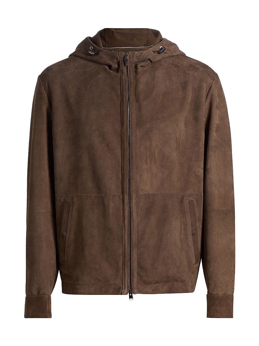 Men's Perferated Suede Hooded Jacket - Brown - Size 46