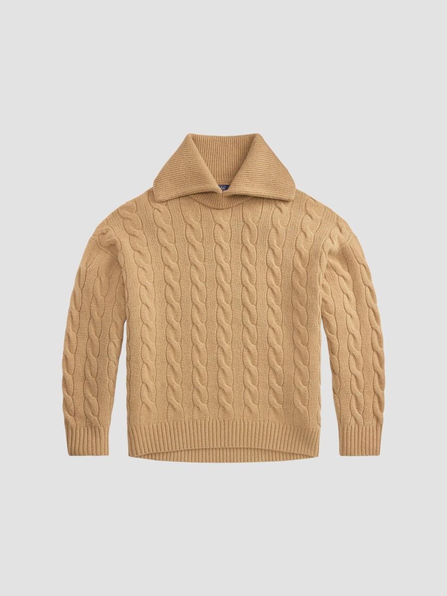 Polo Ralph Lauren Women's Wool-Cashmere Cable-Knit Spread Collar Sweater - Medium Beige - Size XS