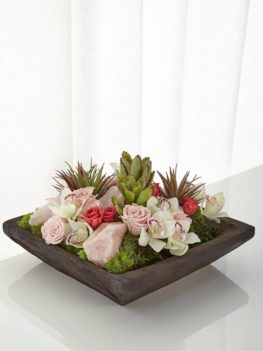 Artificial Succulents & Rose Quartz Arrangement - Pink
