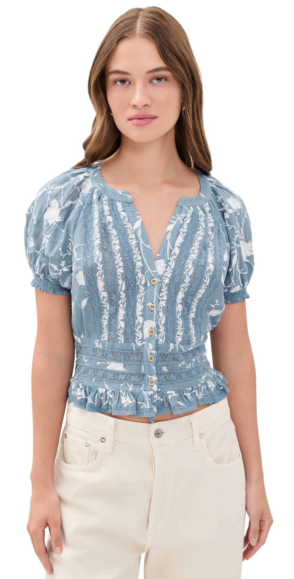 ALICE + OLIVIA Kathryn Embroidered Blouse Deep Denim Blue/Vanilla L