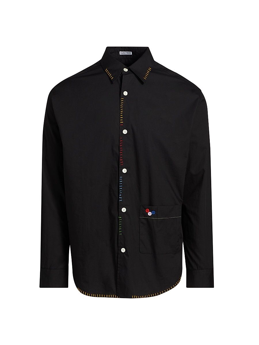 Men's Lines Embroidered-Cotton Button-Front Shirt - Black - Size XXL