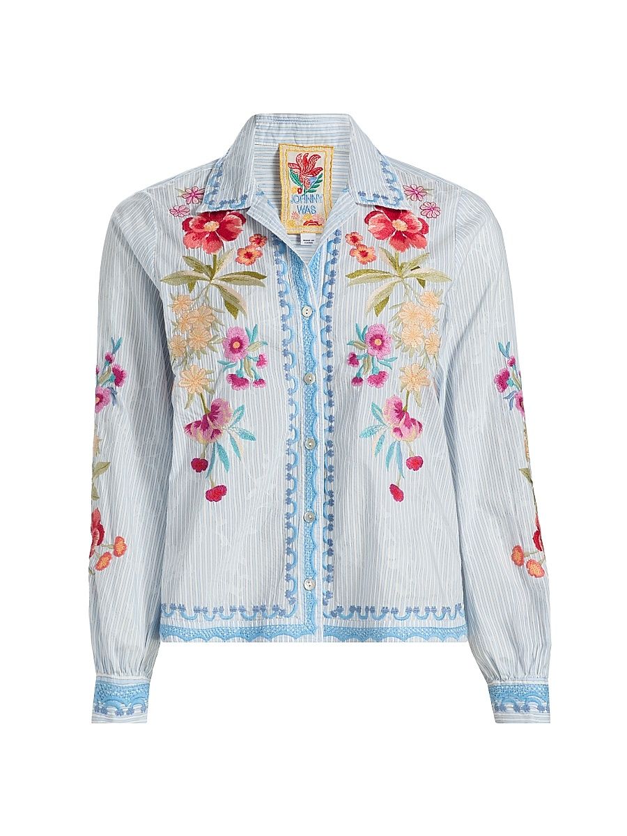 Women's Angela Embroidered Striped Cotton-Blend Shirt - Isara Stripe - Size XL