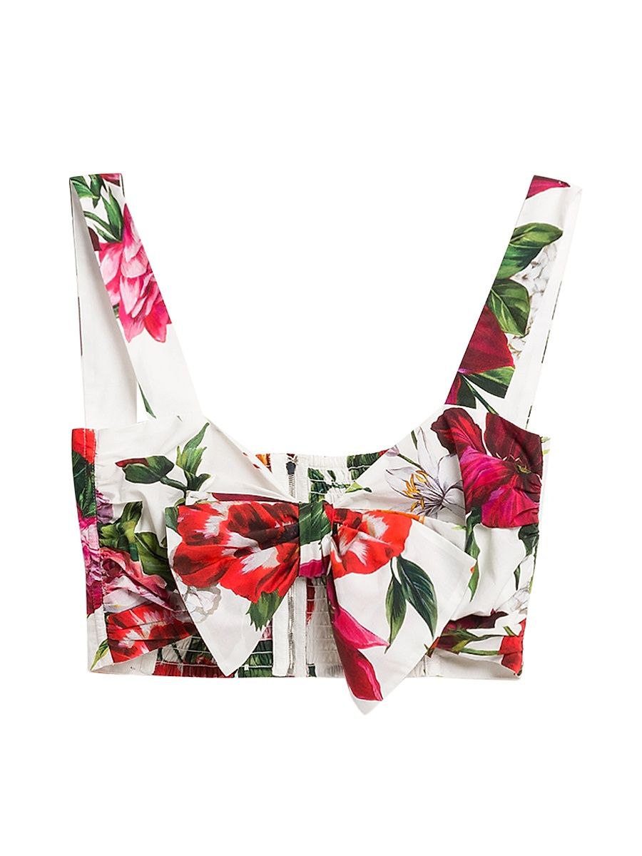 Women's Rafia Fiori Bow Floral Cotton Crop Top - White Print Flower - Size 8