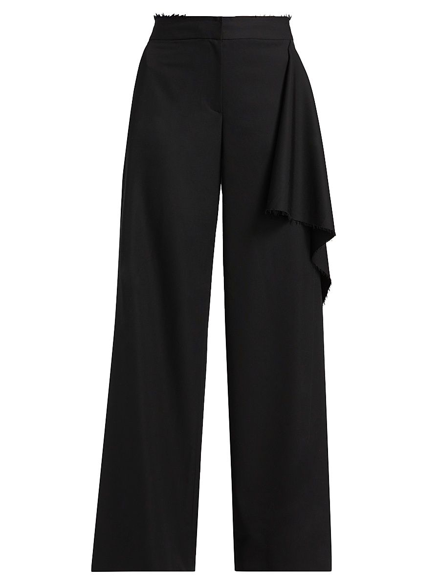 Women's Draped Wool-Silk Straight-Leg Pants - Black - Size 12