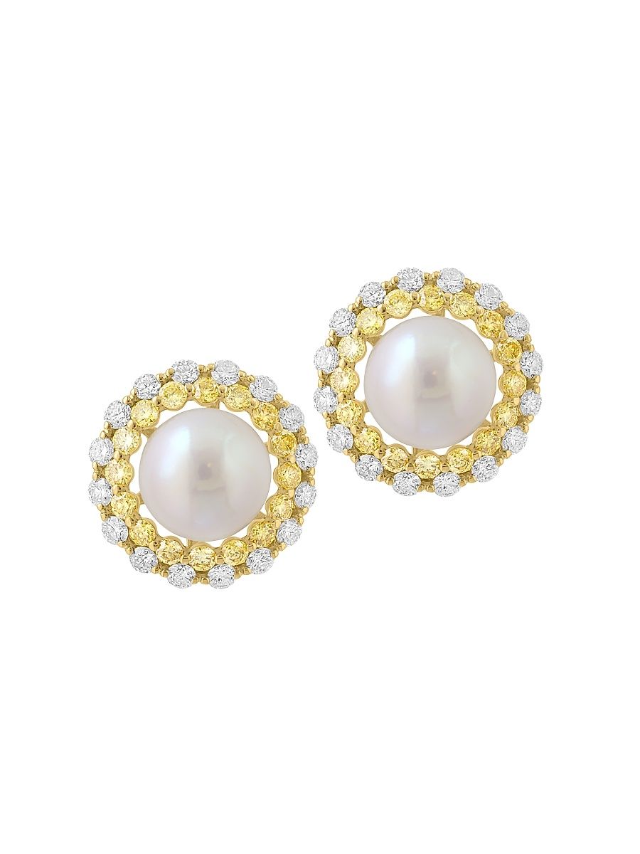 Women's 14K Yellow Gold, Cultured Freshwater Pearl & 2.05 TCW Diamond Halo Stud Earrings - Yellow Gold