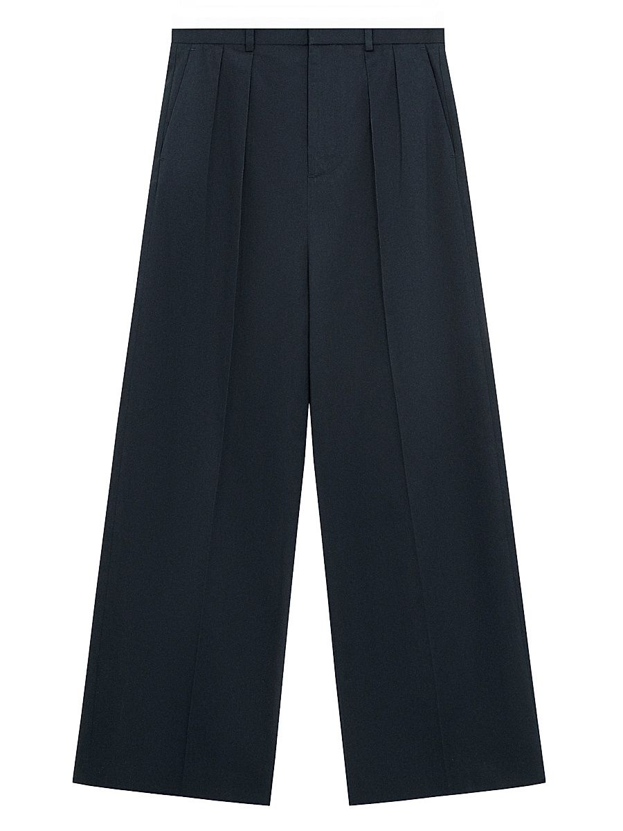 Men's Pleated Cotton Wide-Leg Trousers - Navy Blue - Size 40