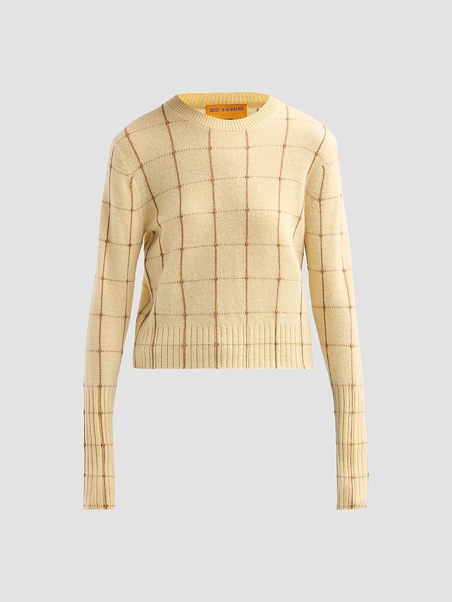Guest in Residence Women's Shrunken Windowpane Cashmere Crewneck Sweater - Butter Almond - Size XL