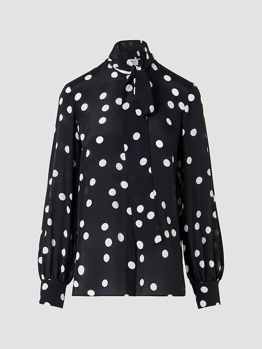 Women's Polka Dot Silk Tieneck Blouse - Black Cream - Size 16