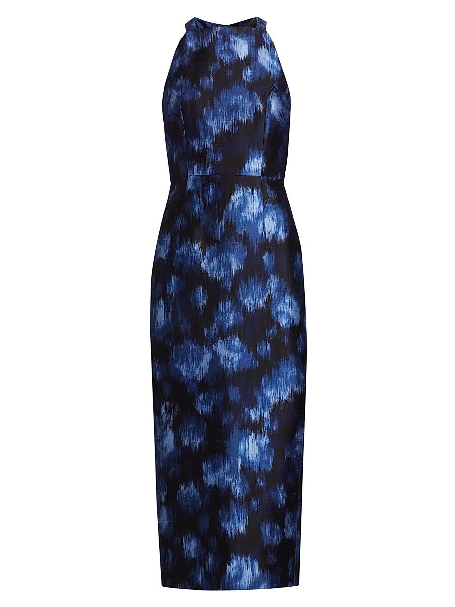 Women's Abstract Floral Wool & Silk Halterneck Midi-Dress - Riviera Black - Size 12