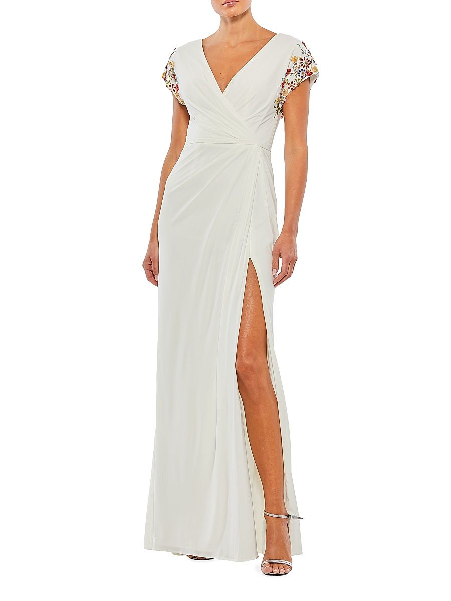 Women's Embellished Wrap Gown - White Multi - Size 10