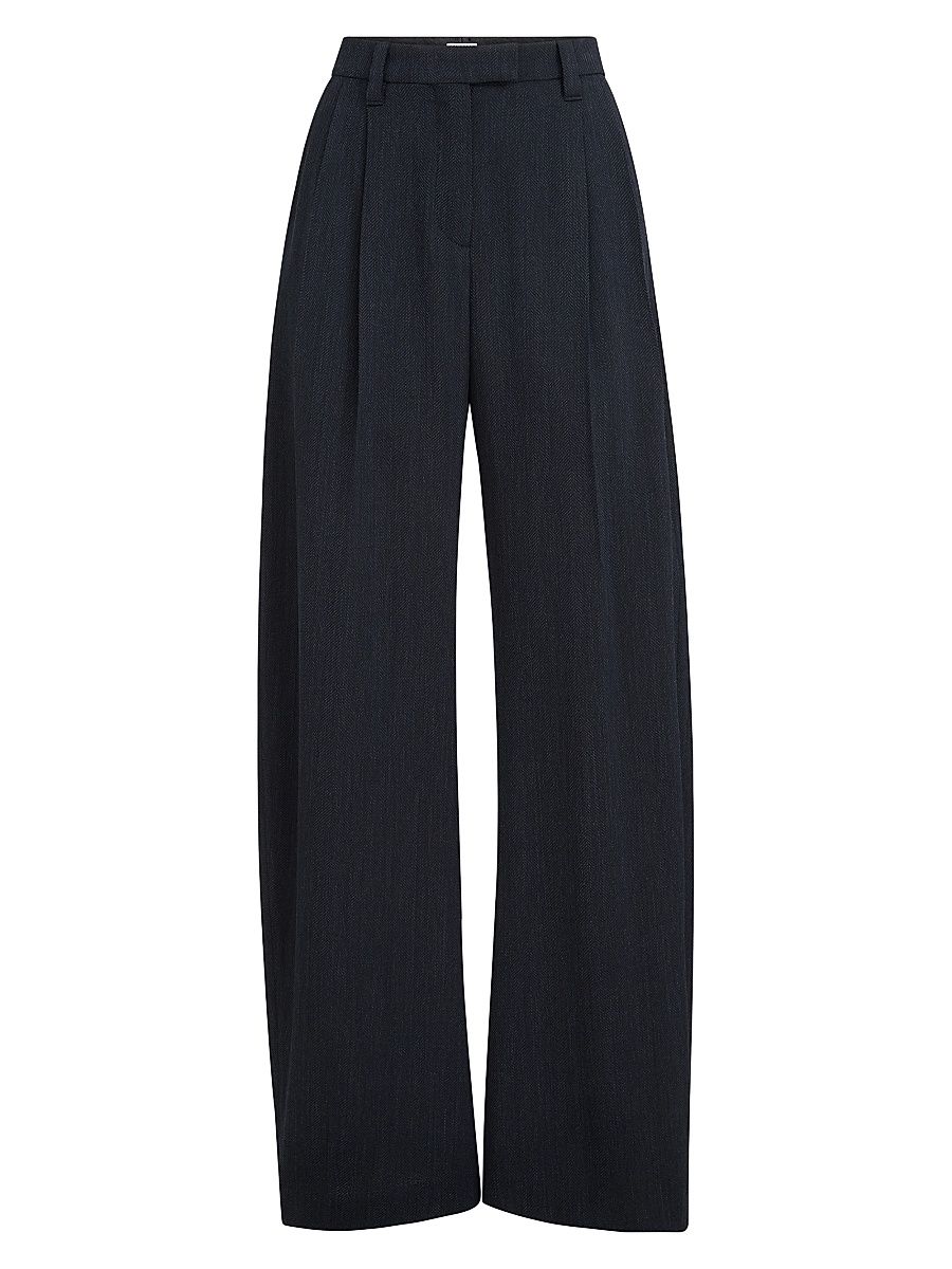 Women's Virgin Wool Crêpe Chevron Tailored Barrel Trousers - Navy Blue - Size 14