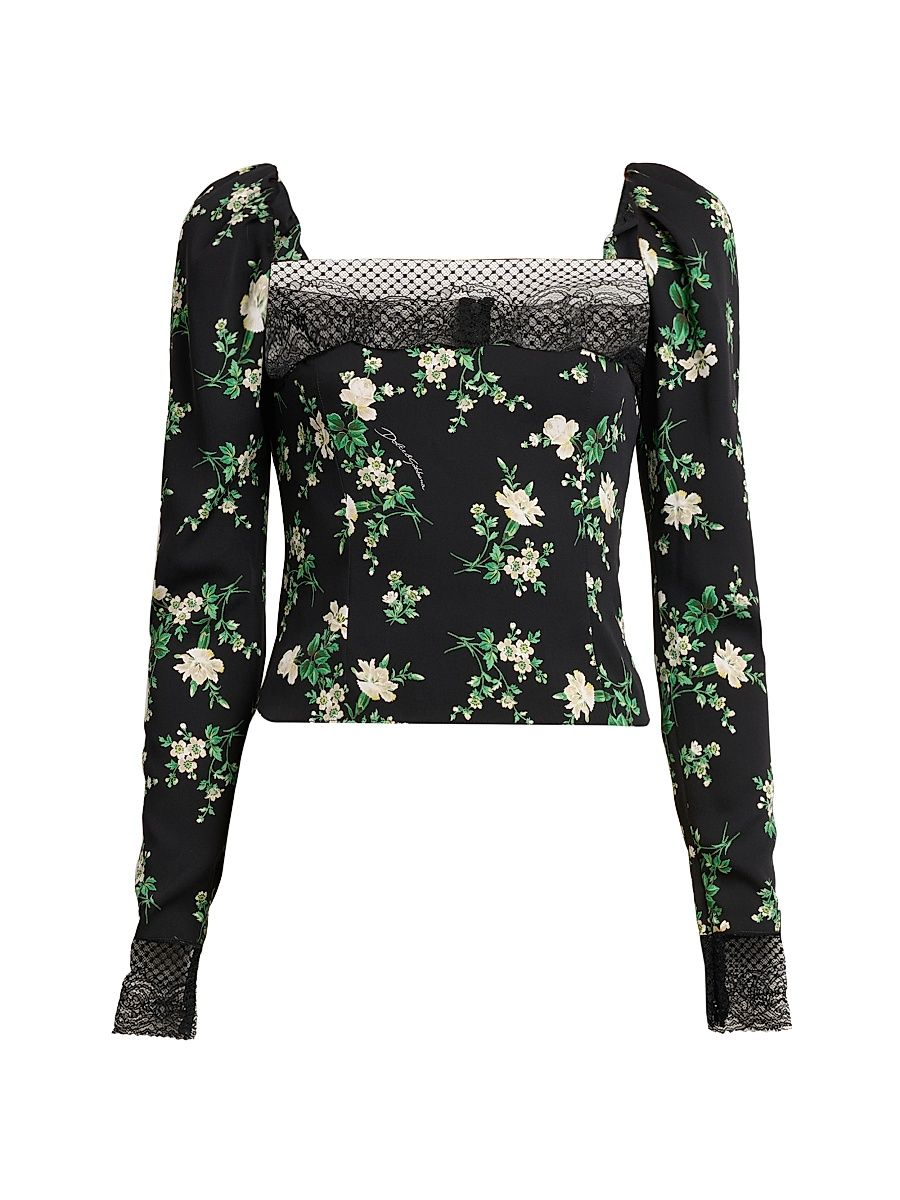 Women's Floral Lace-Trim Puff-Shoulder Top - Rosa Garof Bco Fnero - Size 14