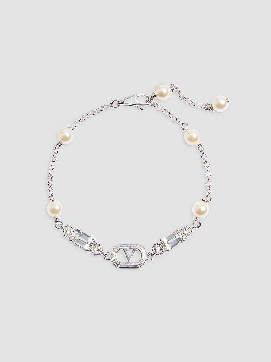 Women's Ovalette Bracelet in Metal, Pearls and Swarovski Crystals - Rhodium - Size Medium