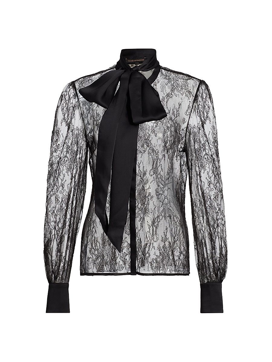 Women's Lace Tie-Neck Blouse - Black - Size Medium