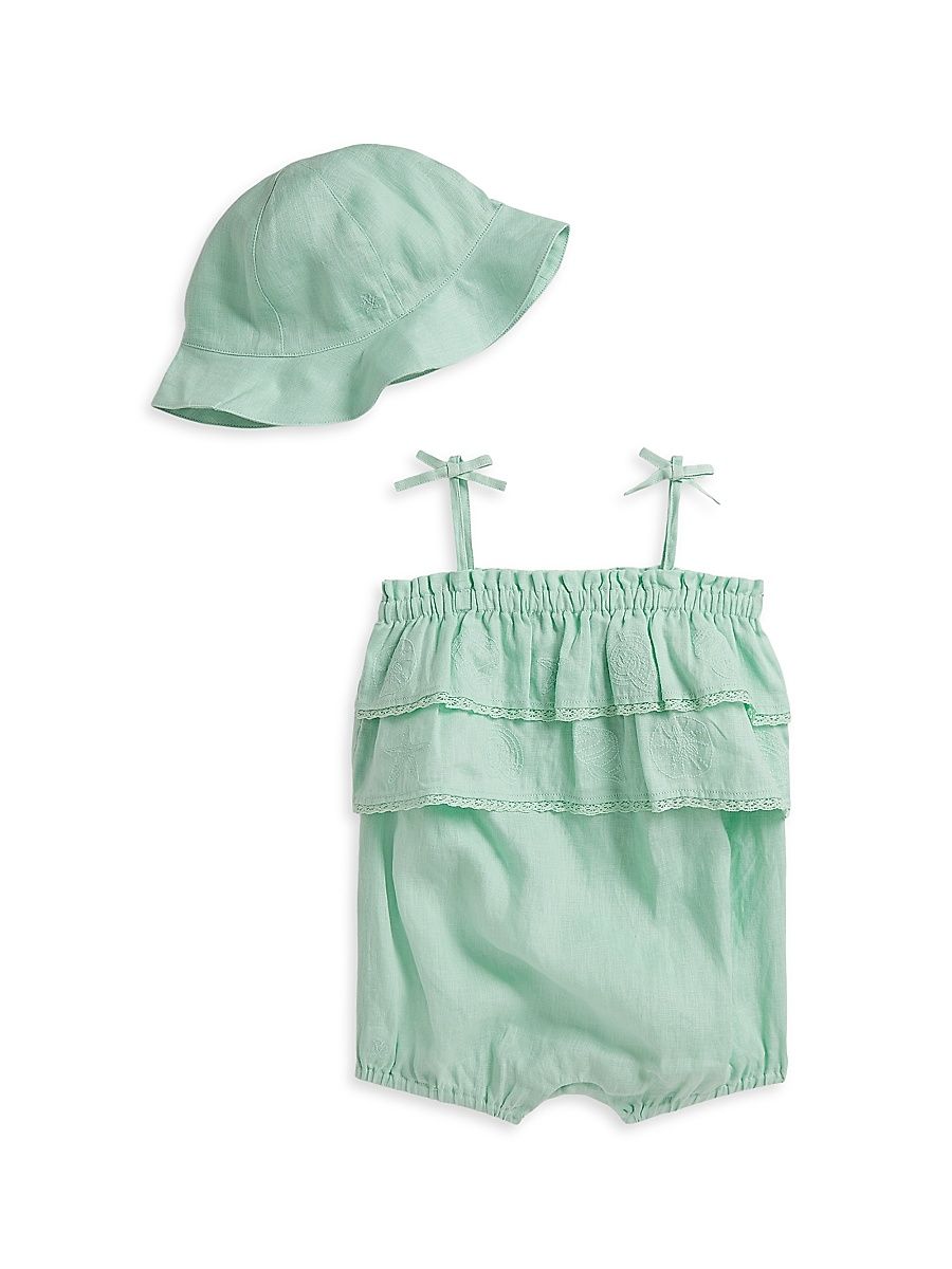 Baby Girl's Embroidered Linen Shortall & Bucket Hat Set - April Green - Size 9 Months