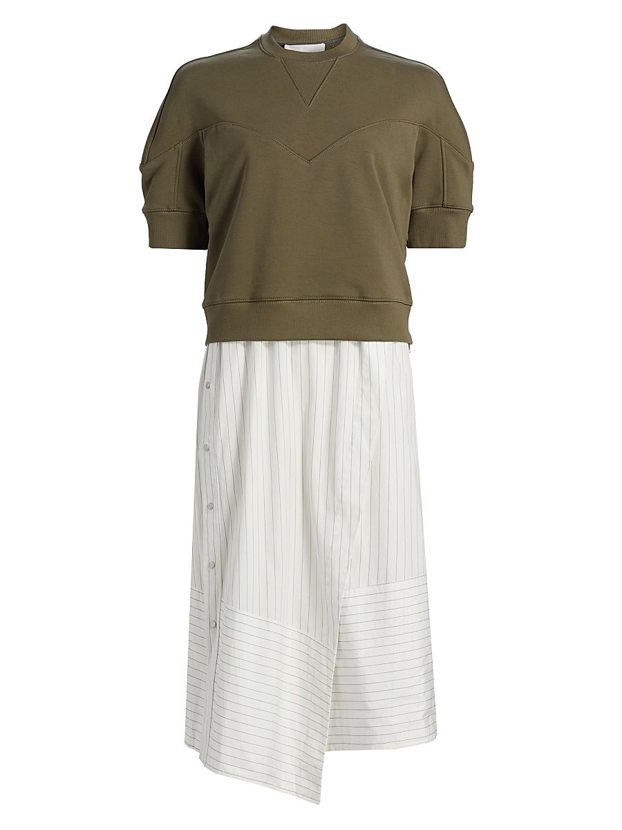 Women's French Terry & Striped Poplin Mixed-Media Midi-Dress - Burnt Olive - Size Large